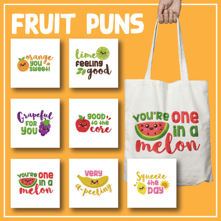 7 Fruit Puns Embroidery Design Pack