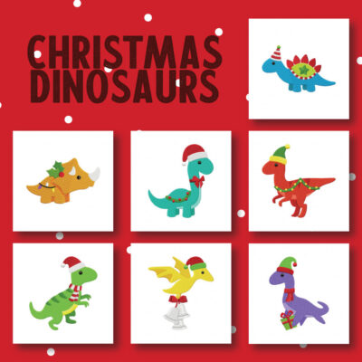 7 Christmas Dinosaurs Embroidery Design Pack