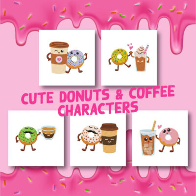 5 Cute Donuts And Coffee Characters Embroidery Design Pack