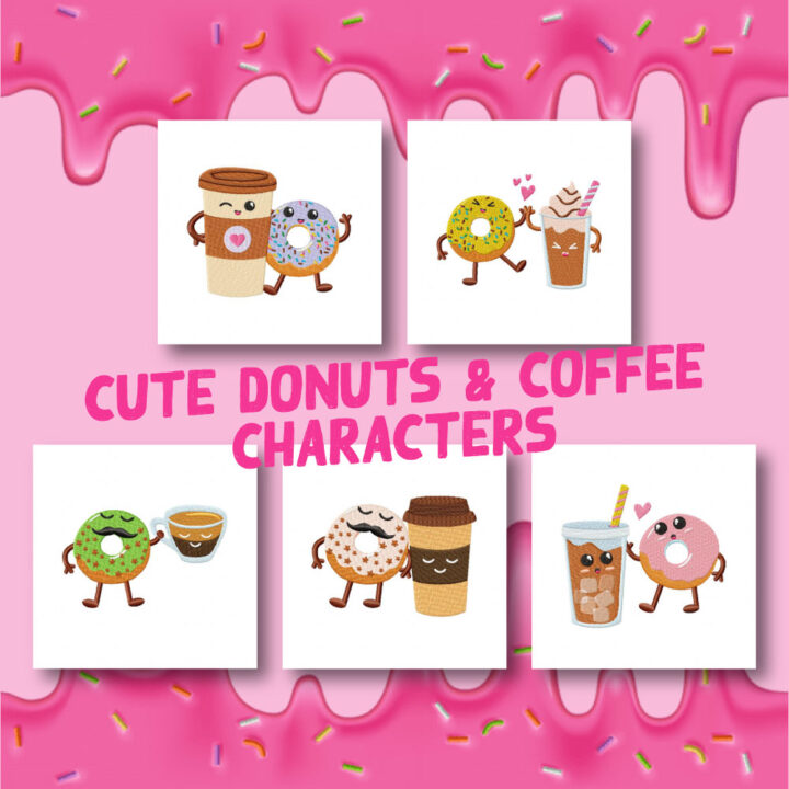 5 Cute Donuts And Coffee Characters Embroidery Design Pack