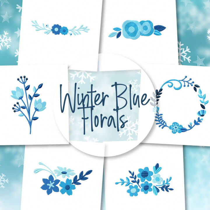 6 Winter Blue Florals Embroidery Design Pack