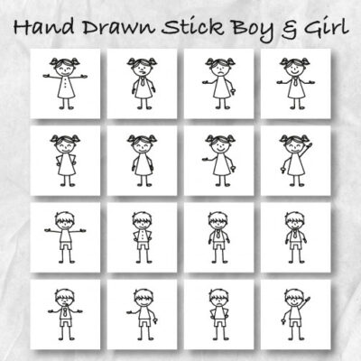 16 Hand Drawn Stick Boy And Girl Embroidery Design Pack