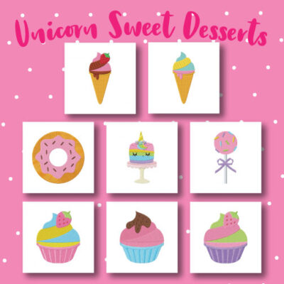8 Unicorn Sweet Desserts Embroidery Design Pack