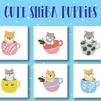 6 Cute Shiba Puppies Embroidery Design Pack