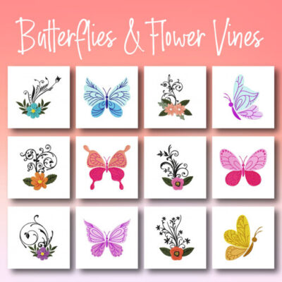 12 Butterflies And Flower Vines Embroidery Design Pack