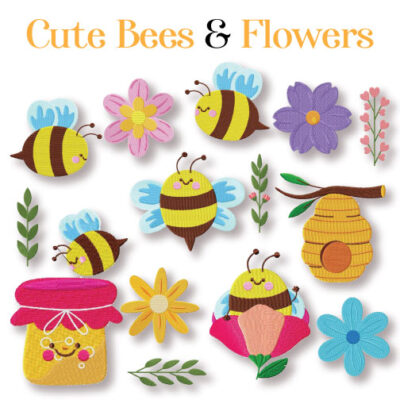 14 Cute Bees And Flowers Embroidery Design Pack