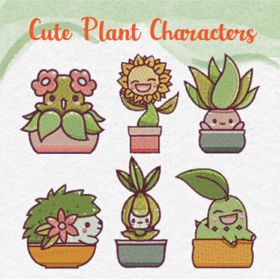 6 Cute Plants Characters Embroidery Design Pack