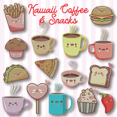 15 Kawaii Coffee And Snacks Embroidery Design Pack