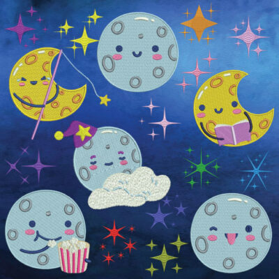 18 Kawaii Moon And Stars Embroidery Design Pack