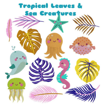 14 Tropical Leaves And Sea Creatures Embroidery Design Pack