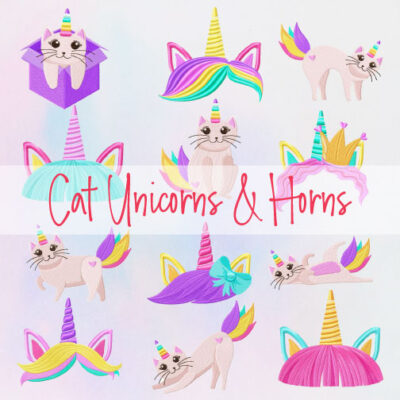 12 Cat Unicorn And Horns Embroidery Design Pack