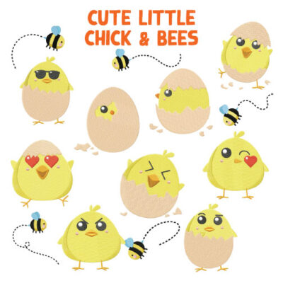 14 Cute Little Chick And Bees Embroidery Design Pack