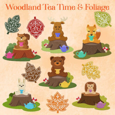 12 Woodland Tea Time and Foliage Embroidery Design Pack