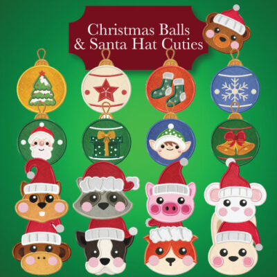 17 Christmas Balls & Santa Hat Cuties Stitched and Appliqué Embroidery Design Pack