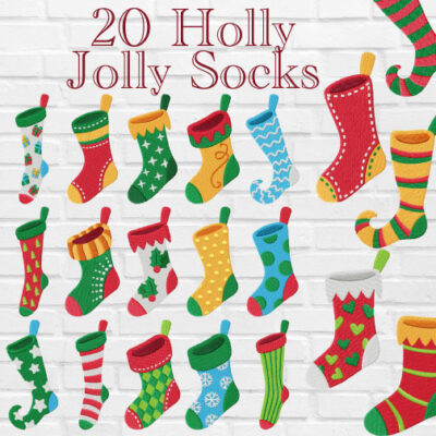 20 Holly Jolly Socks Embroidery Design Pack