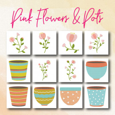 12 Pink Flowers and Pots Embroidery Design Pack
