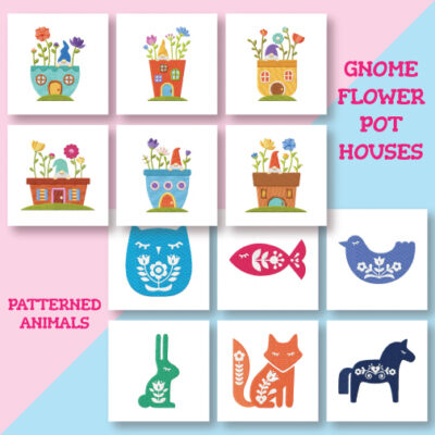 12 Gnome Flower Pots And Patterned Animals Embroidery Design Pack