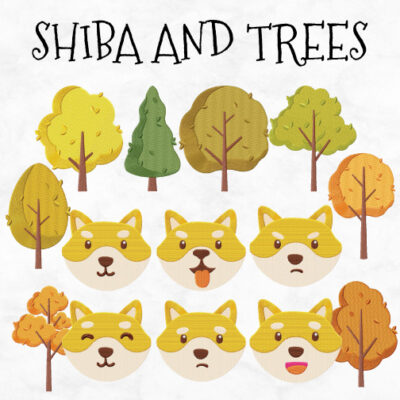 14 Shiba And Trees Embroidery Design Pack