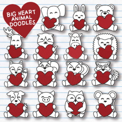 15 Big Heart Animal Doodles Stitched Embroidery Design Pack