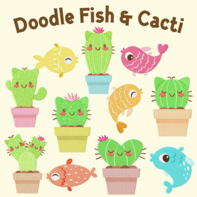 11 Doodle Fish And Cat Cacti Stitched Embroidery Design Pack