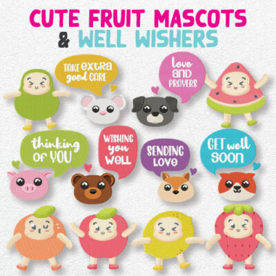 12 Cute Fruit Mascots And Well Wishers Stitched Embroidery Design Pack