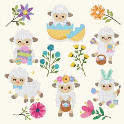 12 Easter Sheep And Flowers Stitched Embroidery Design Pack