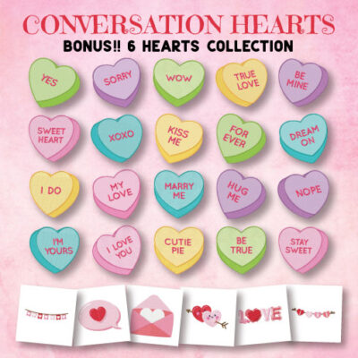 20 Conversation Hearts PLUS BONUS 6 Hearts Collection Stitched Embroidery Design Pack
