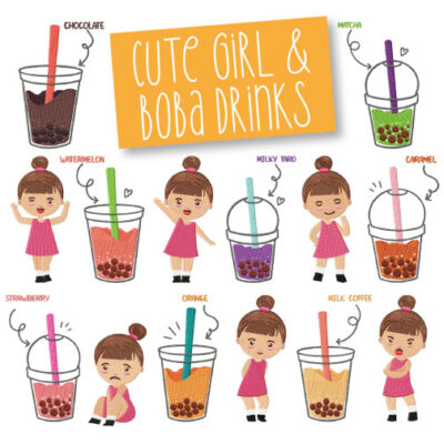 14 Cute Girl And Boba Drinks Stitched Embroidery Design Pack