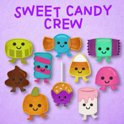 10 Sweet Candy Crew Appliqué and Stitched Embroidery Design Pack