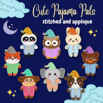 8 Cute Pajama Pals Stitched And Appliqué Embroidery Design Pack