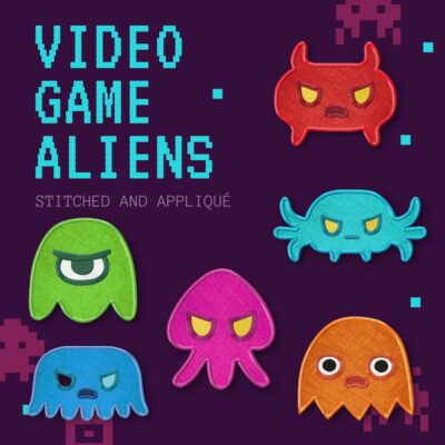 6 Video Game Aliens Stitched and Appliqué Embroidery Design Pack