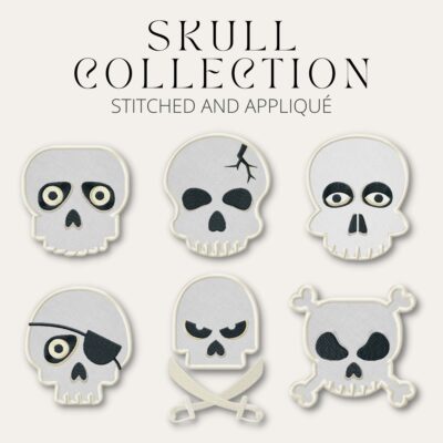 6 Skull Collection Stitched and Appliqué Embroidery Design Pack
