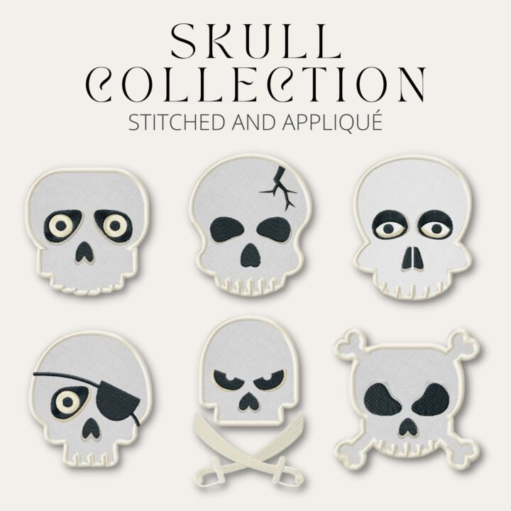 6 Skull Collection Stitched and Appliqué Embroidery Design Pack