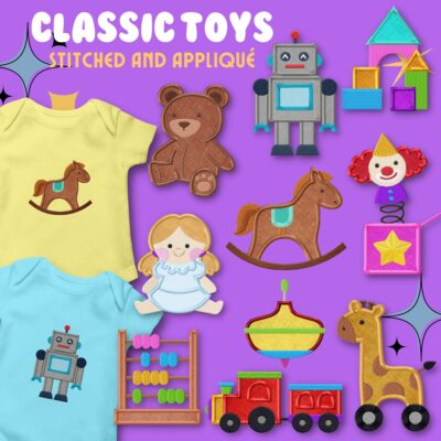 10 Classic Toys Stitched and Appliqué Embroidery Design Pack