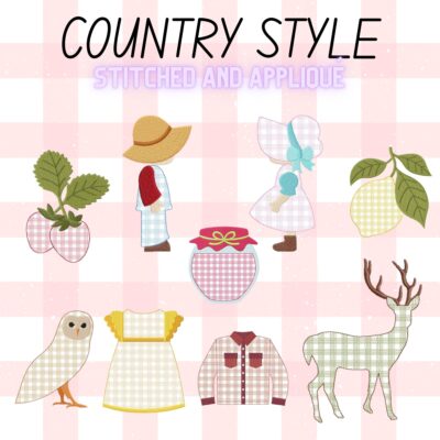 9 Country Style Stitched and Appliqué Embroidery Design Pack