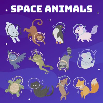 12 Space Animals Stitched Embroidery Design Pack