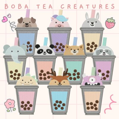 10 Boba Tea Creatures Stitched and Appliqué Embroidery Design Pack