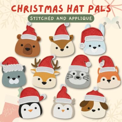 10 Christmas Hat Pals Stitched and Appliqué Embroidery Design Pack