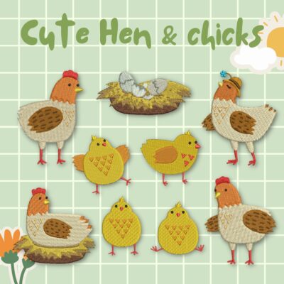 9 Cute Hen and Chicks Stitched Embroidery Design Pack
