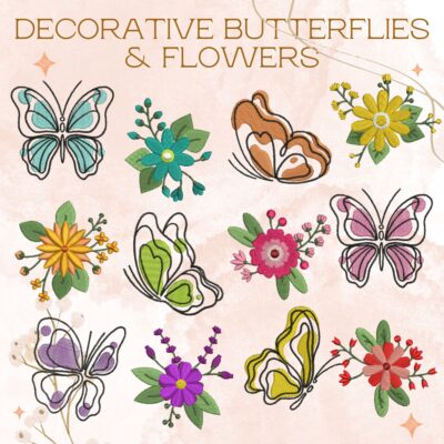 12 Decorative Butterflies and Flowers Stitched Embroidery Design Pack