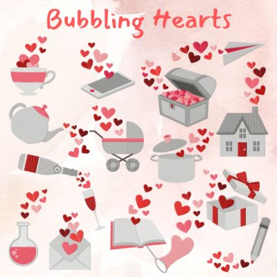 15 Bubbling Hearts Stitched Embroidery Design Pack
