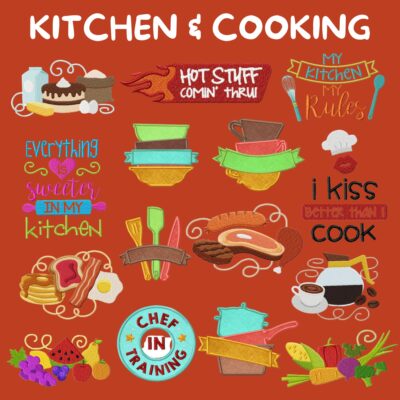 15 Kitchen & Cooking Elements Stitched Embroidery Design Pack