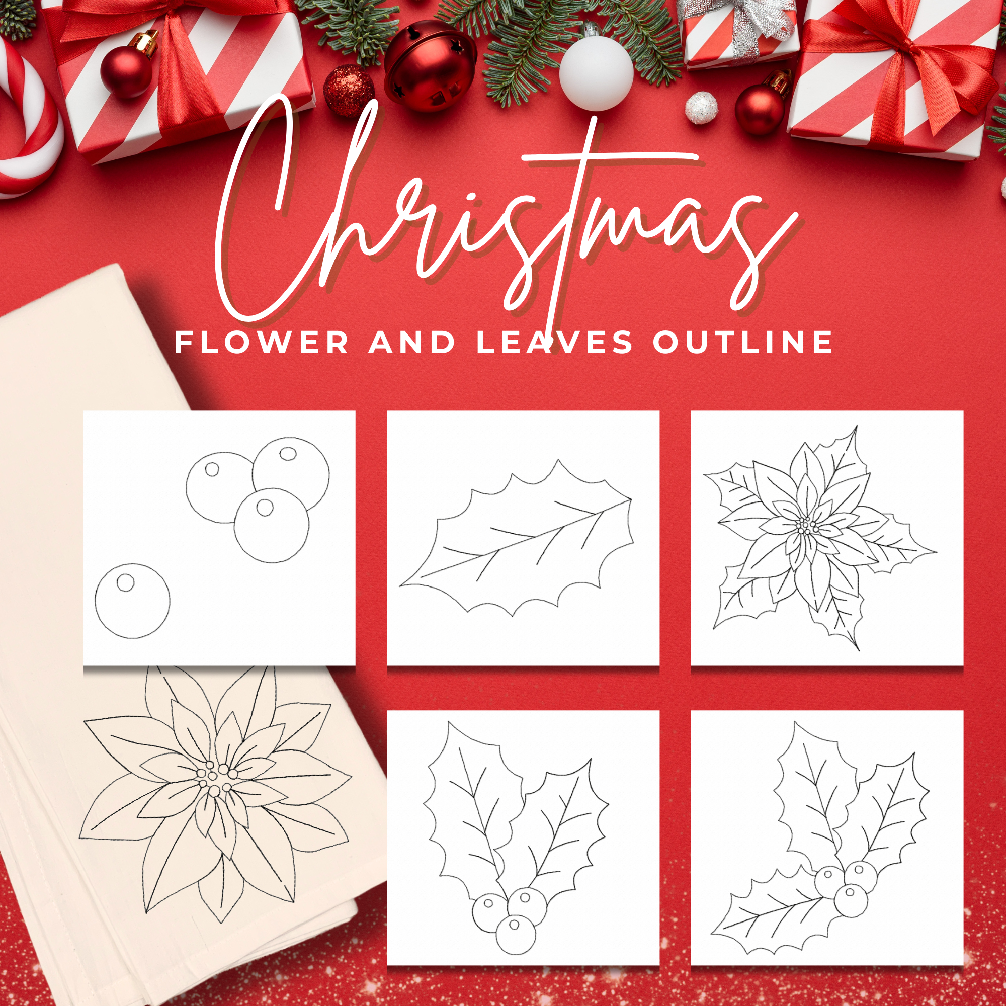 Christmas Flower and Leaves Outline Stitched Embroidery Designs 6 Designs Included