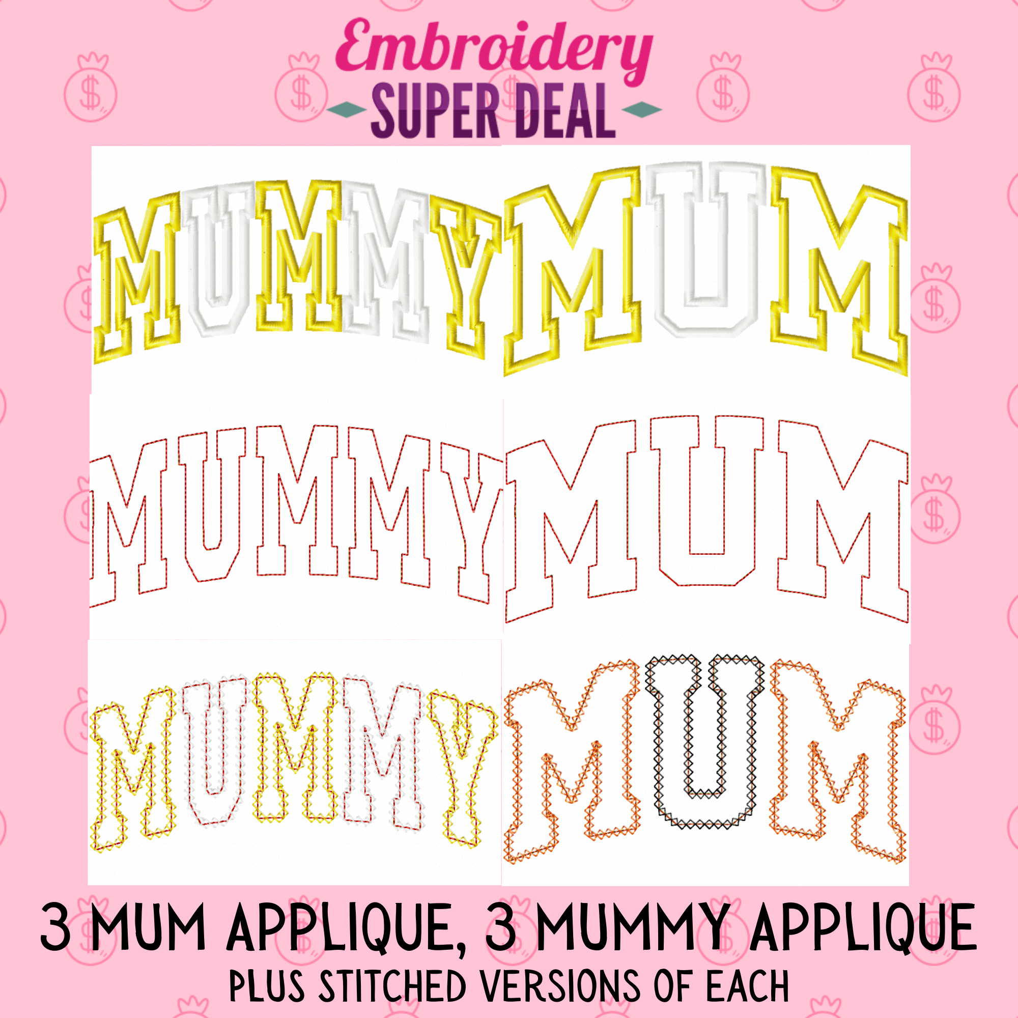 Mum and Mummy Appliqué and Stitched Embroidery Designs 8 Designs Included