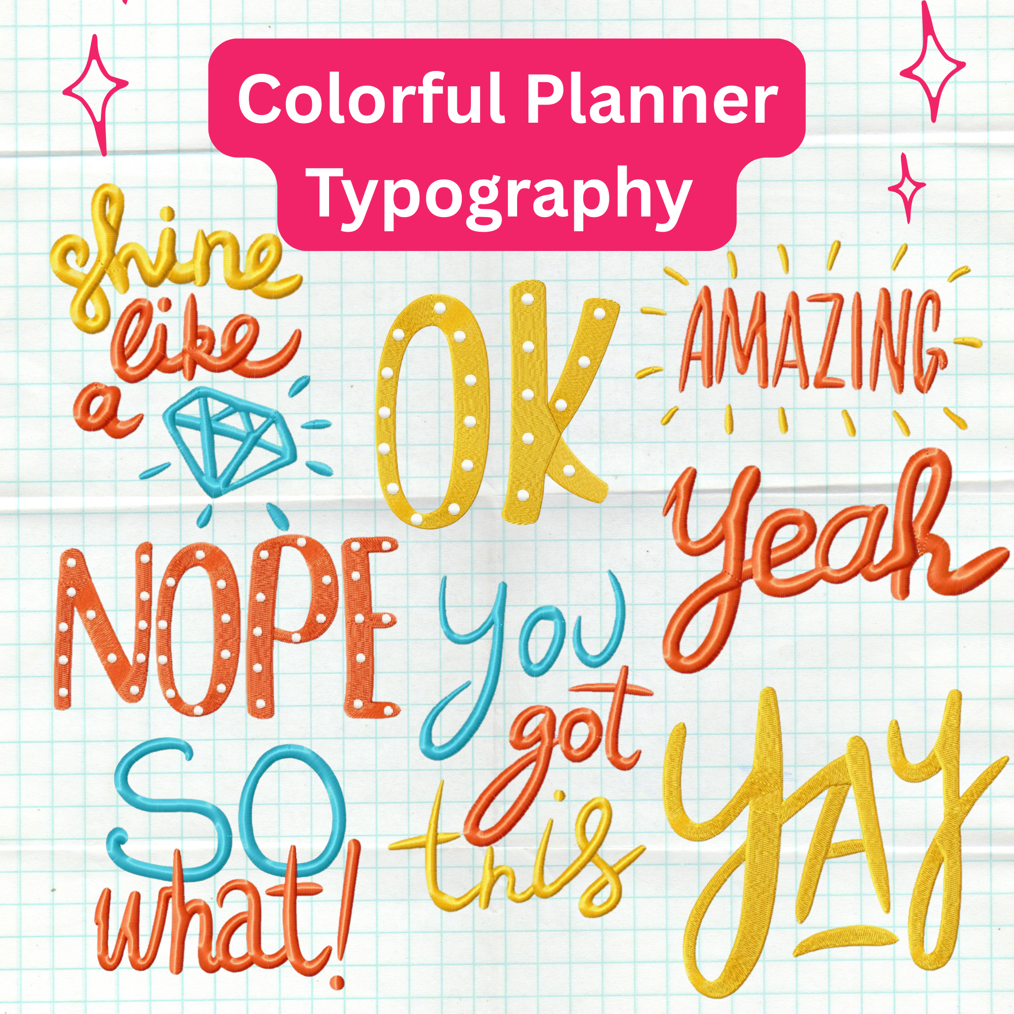 Colorful Planner Typography Embroidery Designs 8 Designs Included