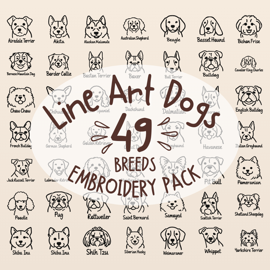 Line Art Dogs 49 Breeds Pack Machine Embroidery Designs!